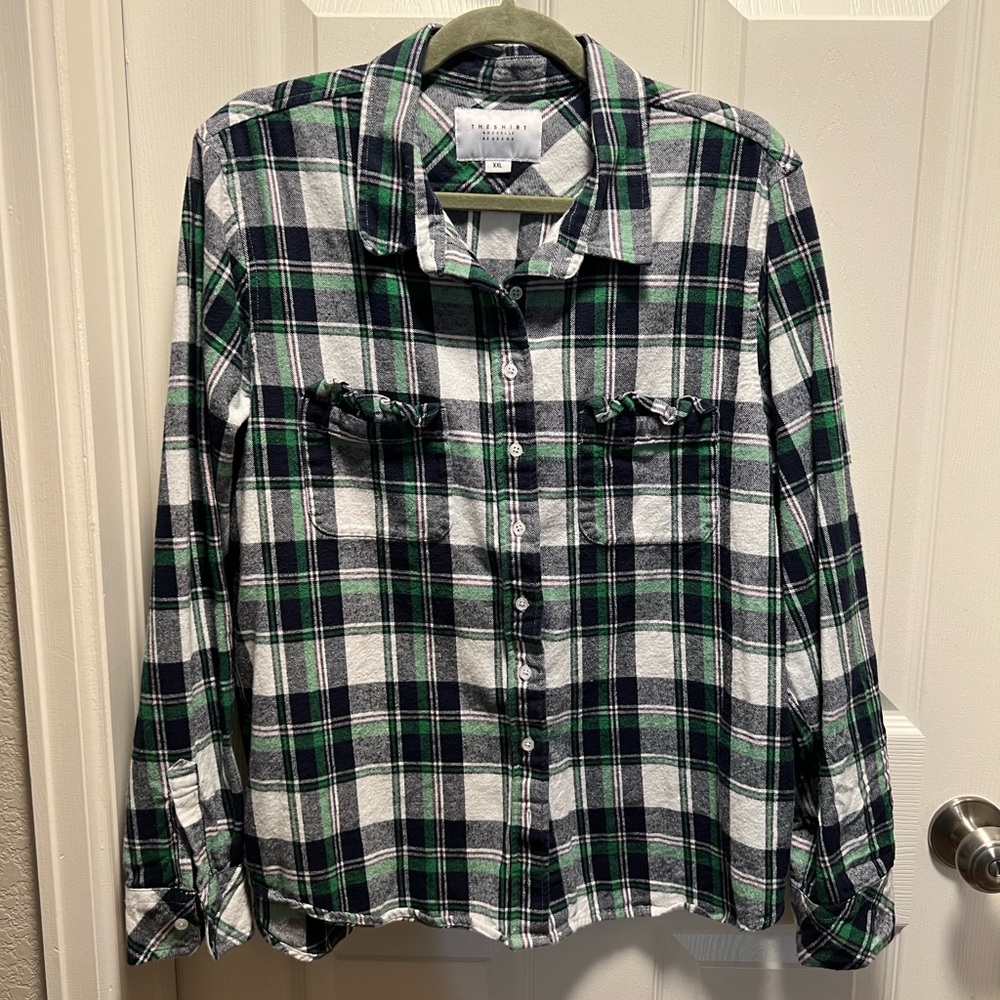 The Shirt by Rochelle Behrens | Green White Blue Pink Flannel‎ Ruffle Sz XXL